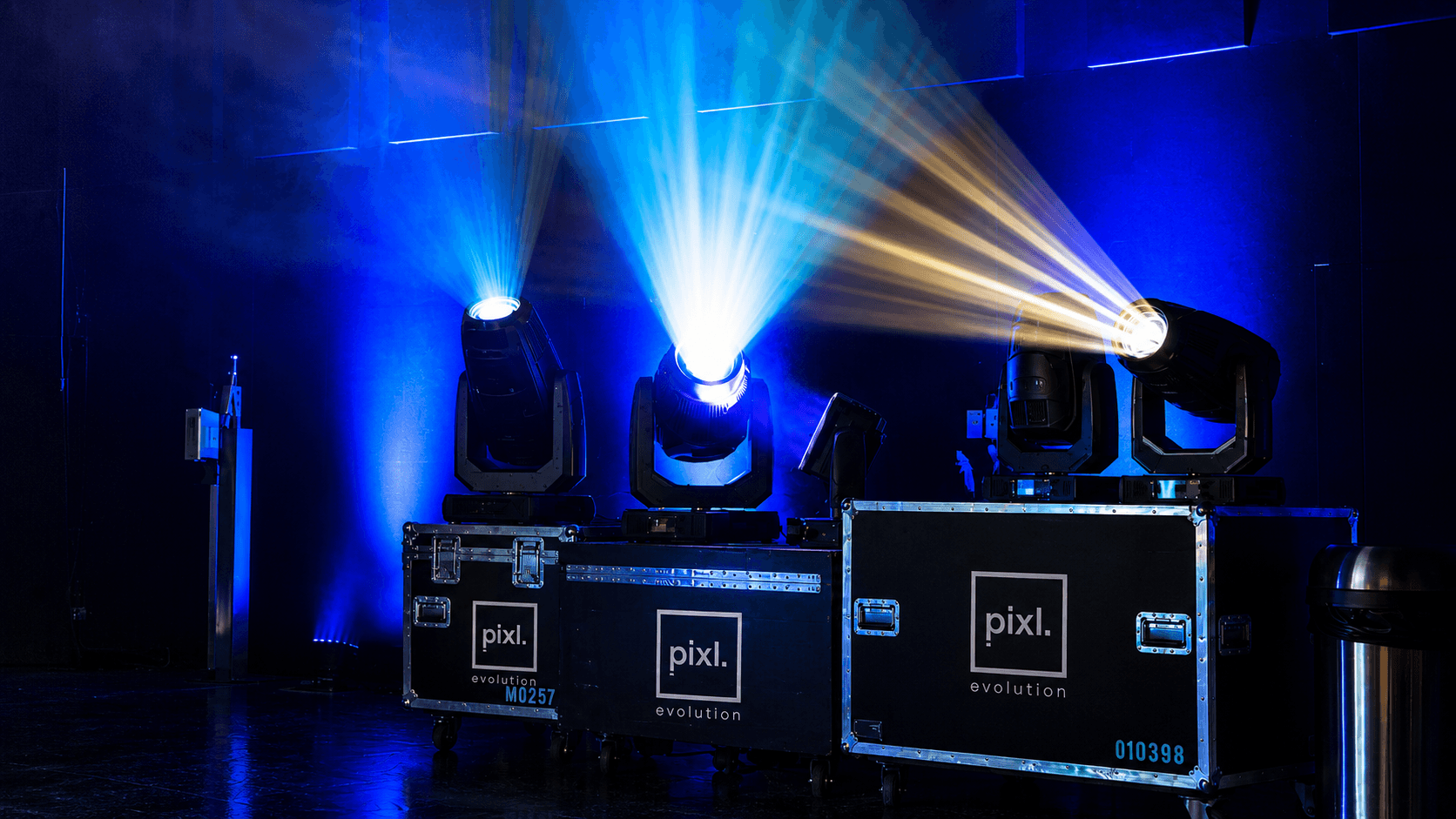 Moving lights powered up and tested on Pixl flight cases before going out on hire